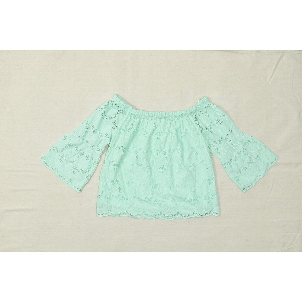 CATO Women's Blue Green Eyelet Off Shoulder Bell Sleeve Top Blouse Size M Cotton - Picture 2 of 8